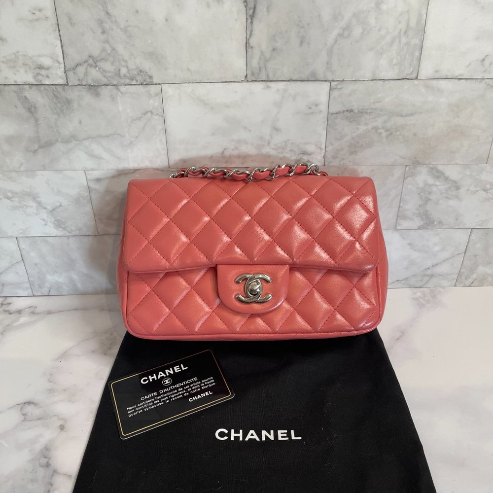 Chanel Mini Classic Flap Pink Coral Orange Lambskin Rectangular Crossbody Silver - Picture 9 of 15